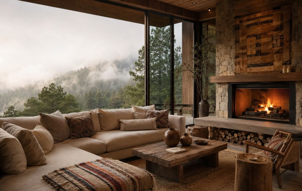 Sala cálida con chimenea y vista al bosque