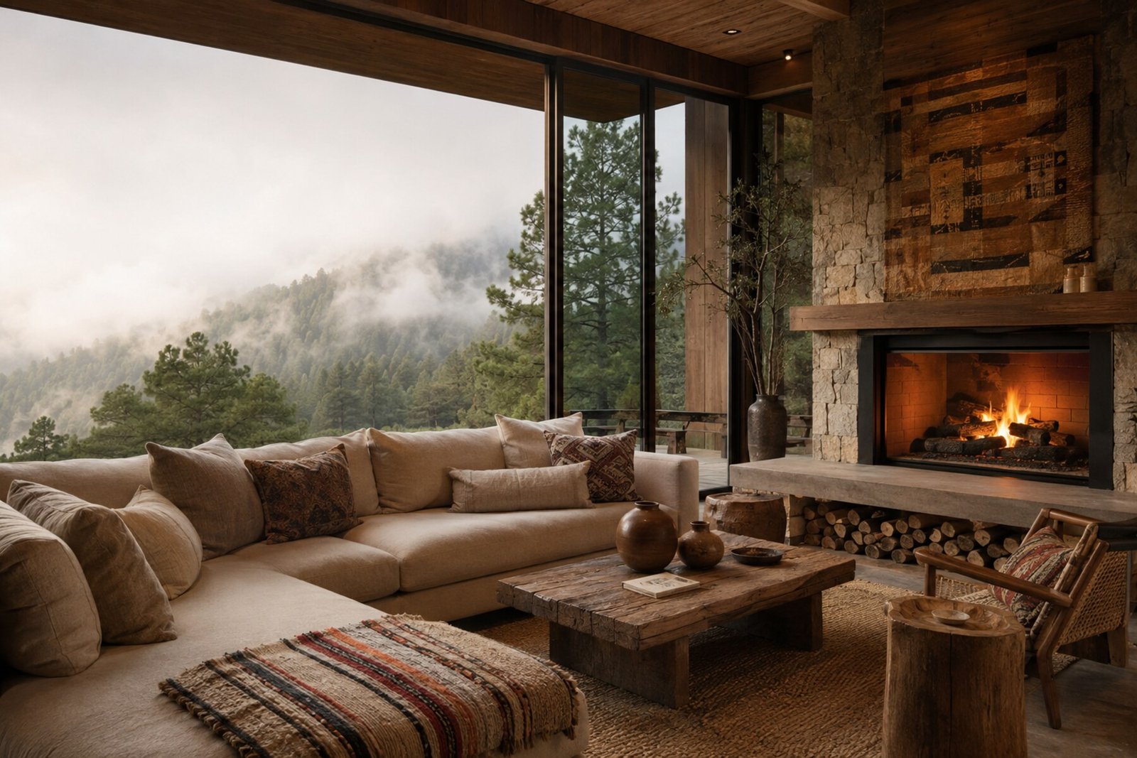 Sala cálida con chimenea y vista al bosque